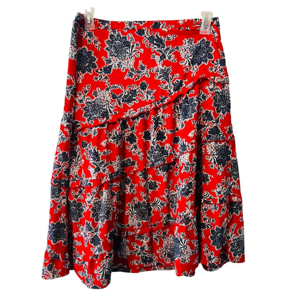 Cato Skirt Women XS Midi Elastic Waist Pull On Stretch Red Blue Ruffle Modest‎